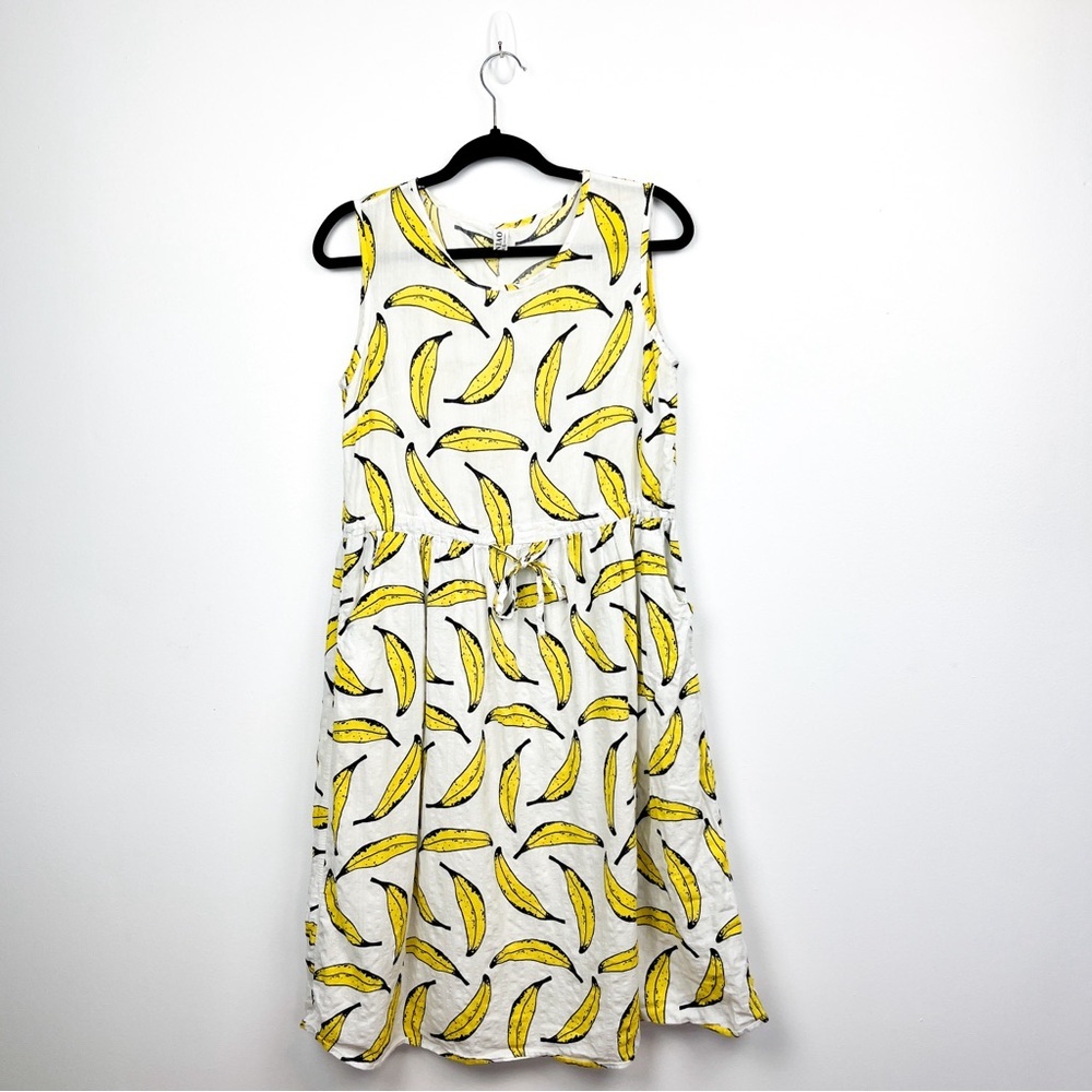 Banana Patterned Dress, White and Yellow with Pockets